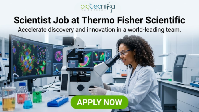 Scientist Job at Thermo Fisher Scientific – High-Paying R&D Role in Bangalore! Scientist Job at Thermo Fisher Scientific | High-Paying R&D Role. A professional featured image for a "Scientist Job at Thermo Fisher Scientific." The visual shows a female scientist in a white lab coat, smiling and working with a microscope in a high-tech laboratory. In the background, large computer monitors display colorful, high-resolution cellular imaging. The Biotecnika logo is positioned at the top, and a prominent green "APPLY NOW" button is at the bottom center.
