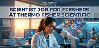 Scientist Job for Freshers at Thermo Fisher Scientific Apply Now. A recruitment advertisement image shows a female scientist in a lab coat smiling while looking into a microscope, from which a complex, colorful holographic neural network projection emerges. Overlaid text at the top reads, "SCIENTIST JOB FOR FRESHERS AT THERMO FISHER SCIENTIFIC" with the "biotecnika" logo above it. A green "Apply Now" button is at the bottom center.