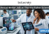Technical Writer Job at Thermo Fisher Scientific – Life Science Career in Bangalore! A professional and realistic featured image for a job posting. Two scientists—a man and a woman—are collaborating in a modern, high-tech laboratory filled with advanced scientific equipment like centrifuges and fluidic systems. They are focused on a digital tablet displaying complex technical data and diagrams. At the top, the Biotecnika logo sits above the bold title "Technical Writer Job at Thermo Fisher Scientific." A vibrant green "APPLY NOW" button is positioned in the bottom right corner.