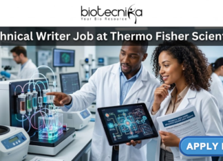 Technical Writer Job at Thermo Fisher Scientific – Life Science Career in Bangalore! Technical Writer Job at Thermo Fisher Scientific – Life Science Career in Bangalore! A professional and realistic featured image for a job posting. Two scientists—a man and a woman—are collaborating in a modern, high-tech laboratory filled with advanced scientific equipment like centrifuges and fluidic systems. They are focused on a digital tablet displaying complex technical data and diagrams. At the top, the Biotecnika logo sits above the bold title "Technical Writer Job at Thermo Fisher Scientific." A vibrant green "APPLY NOW" button is positioned in the bottom right corner.