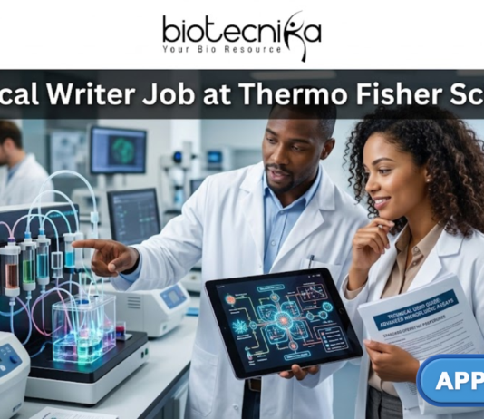 Technical Writer Job at Thermo Fisher Scientific – Life Science Career in Bangalore! A professional and realistic featured image for a job posting. Two scientists—a man and a woman—are collaborating in a modern, high-tech laboratory filled with advanced scientific equipment like centrifuges and fluidic systems. They are focused on a digital tablet displaying complex technical data and diagrams. At the top, the Biotecnika logo sits above the bold title "Technical Writer Job at Thermo Fisher Scientific." A vibrant green "APPLY NOW" button is positioned in the bottom right corner.