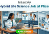 Top Hybrid Life Science Job at Pfizer Apply Now Before Deadline! Biotecnika job advertisement illustration for a 'Hybrid Life Science Job at Pfizer,' split into a home office/podcast studio and a biology lab. Text at the top reads, 'Biotecnika Your Bio Resource' and 'Hybrid Life Science Job at Pfizer | Shape the Future of Health | Combine Lab Innovation with Flexibility.' On the left, a woman of color with dark hair at a desk with a laptop points at a monitor displaying molecular structures and a video call with two male scientists. On the right, a woman of color with dark hair works in a lab with glass bioreactors and a microscope, surrounded by molecular models and a 'Pfizer' logo text block. A large green 'APPLY NOW' button is at the bottom center.