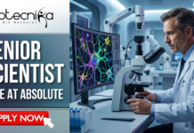 Senior Scientist Job at Absolute | PhD, MTech, & MSc Candidates. A professional featured image for a Senior Scientist job opening at Absolute. On the left side, bold white text reads "SENIOR SCIENTIST ROLE AT ABSOLUTE" against a sleek grey backdrop. The top center features the Biotecnika logo. On the right, a realistic scene shows an experienced male scientist in a white lab coat using a microscope in a high-tech laboratory, with a large monitor displaying vibrant, colorful neural cell structures. A prominent green "APPLY NOW" button is located at the bottom center.