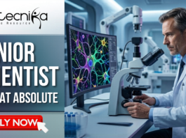 Senior Scientist Job at Absolute | PhD, MTech, & MSc Candidates. A professional featured image for a Senior Scientist job opening at Absolute. On the left side, bold white text reads "SENIOR SCIENTIST ROLE AT ABSOLUTE" against a sleek grey backdrop. The top center features the Biotecnika logo. On the right, a realistic scene shows an experienced male scientist in a white lab coat using a microscope in a high-tech laboratory, with a large monitor displaying vibrant, colorful neural cell structures. A prominent green "APPLY NOW" button is located at the bottom center.