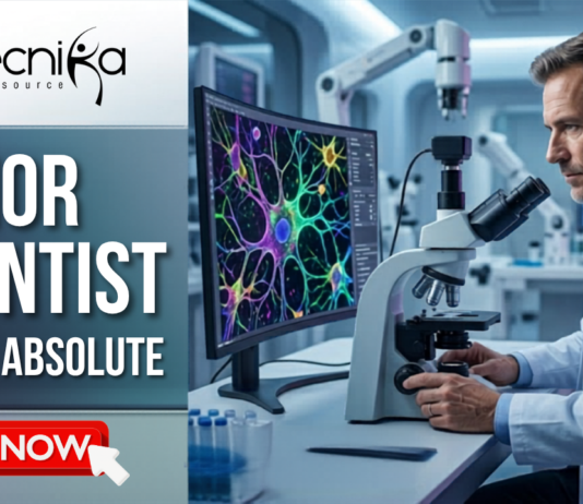 Senior Scientist Job at Absolute | PhD, MTech, & MSc Candidates. A professional featured image for a Senior Scientist job opening at Absolute. On the left side, bold white text reads "SENIOR SCIENTIST ROLE AT ABSOLUTE" against a sleek grey backdrop. The top center features the Biotecnika logo. On the right, a realistic scene shows an experienced male scientist in a white lab coat using a microscope in a high-tech laboratory, with a large monitor displaying vibrant, colorful neural cell structures. A prominent green "APPLY NOW" button is located at the bottom center.