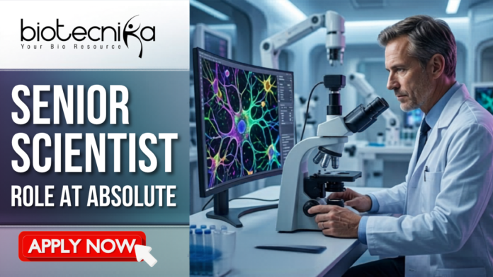 Senior Scientist Job at Absolute | PhD, MTech, & MSc Candidates. A professional featured image for a Senior Scientist job opening at Absolute. On the left side, bold white text reads "SENIOR SCIENTIST ROLE AT ABSOLUTE" against a sleek grey backdrop. The top center features the Biotecnika logo. On the right, a realistic scene shows an experienced male scientist in a white lab coat using a microscope in a high-tech laboratory, with a large monitor displaying vibrant, colorful neural cell structures. A prominent green "APPLY NOW" button is located at the bottom center.
