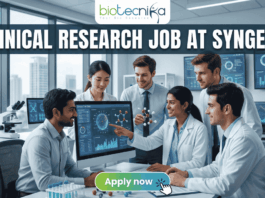 Urgent Hiring! Clinical Research Job at Syngene – Apply Today! A featured image for a job page, part of Biotecnika, showcasing a clinical research position at Syngene. At the top center is the Biotecnika logo, with the text 'Your Bio Resource'. The main bold title is 'CLINICAL RESEARCH JOB AT SYNGENE'. The background features a detailed, realistic photograph of a diverse team of five scientists and professionals (two women, three men) collaborating in a modern, well-equipped laboratory, looking collaboratively into a computer monitor showing data charts, graphs, and a detailed 3D molecular structure. The lab has advanced scientific instruments, beakers, and shelves, visible next to a large window. The overall scene conveys scientific innovation, teamwork, and professionalism. At the bottom center, there is a prominent orange rectangular button labeled 'Apply now'.
