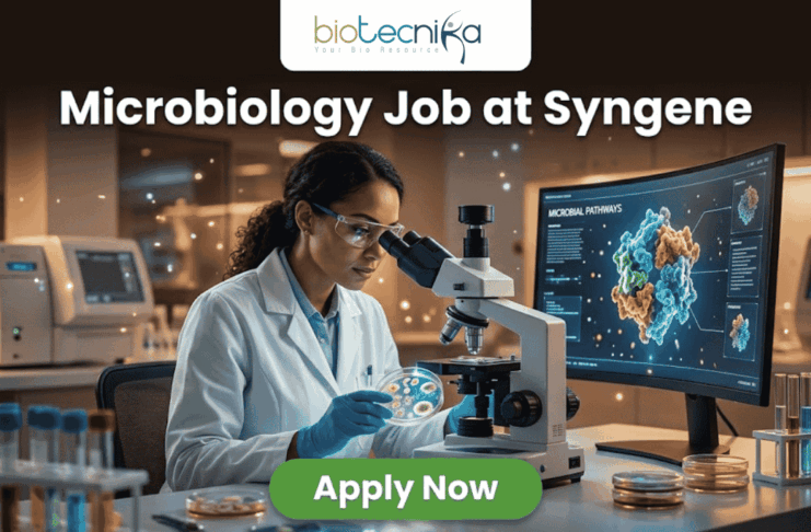 Urgent Hiring! Microbiology Job at Syngene | BSc & MSc Candidates Apply Today! Microbiology Job at Syngene | BSc & MSc Candidates Apply Today! A realistic and professional promotional image for a "Microbiology Job at Syngene." The graphic features a female scientist in a white lab coat and safety goggles, focused on examining a sample under a microscope in a modern, high-tech laboratory. To her right, a large curved monitor displays a colorful 3D molecular model titled "MICROBIAL PATHWAYS." The "biotecnika" logo is positioned at the top center against a dark background. Below it, the headline "Microbiology Job at Syngene" is written in large, bold white font. At the bottom center, there is a prominent green "Apply Now" button. The foreground includes laboratory glassware such as test tubes with colorful liquids and petri dishes, creating an authentic research atmosphere.