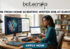 Work From Home Scientific Writer Job at Eurofins | Life Science Graduates Don’t Miss This! Work From Home Scientific Writer Job at Eurofins. A high-quality, realistic featured image for a "Work From Home Scientific Writer Job at Eurofins." The scene depicts a professional woman in a bright, modern home office, focused on her dual-monitor setup. One screen shows a detailed 3D protein structure, while the other displays a scientific manuscript. Her desk is neatly organized with a laptop, a mechanical keyboard, a "scientific" coffee mug, and molecular models. A cozy home atmosphere is suggested by a cat sitting on the windowsill in the background. The Biotecnika logo is featured at the top center, the job title is in bold black text, and a teal "APPLY NOW" button is centered at the bottom.