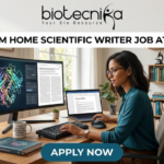 Work From Home Scientific Writer Job at Eurofins. A high-quality, realistic featured image for a "Work From Home Scientific Writer Job at Eurofins." The scene depicts a professional woman in a bright, modern home office, focused on her dual-monitor setup. One screen shows a detailed 3D protein structure, while the other displays a scientific manuscript. Her desk is neatly organized with a laptop, a mechanical keyboard, a "scientific" coffee mug, and molecular models. A cozy home atmosphere is suggested by a cat sitting on the windowsill in the background. The Biotecnika logo is featured at the top center, the job title is in bold black text, and a teal "APPLY NOW" button is centered at the bottom.