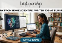 Work From Home Scientific Writer Job at Eurofins | Life Science Graduates Don’t Miss This! Work From Home Scientific Writer Job at Eurofins. A high-quality, realistic featured image for a "Work From Home Scientific Writer Job at Eurofins." The scene depicts a professional woman in a bright, modern home office, focused on her dual-monitor setup. One screen shows a detailed 3D protein structure, while the other displays a scientific manuscript. Her desk is neatly organized with a laptop, a mechanical keyboard, a "scientific" coffee mug, and molecular models. A cozy home atmosphere is suggested by a cat sitting on the windowsill in the background. The Biotecnika logo is featured at the top center, the job title is in bold black text, and a teal "APPLY NOW" button is centered at the bottom.