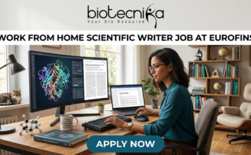 Work From Home Scientific Writer Job at Eurofins | Life Science Graduates Don’t Miss This! Work From Home Scientific Writer Job at Eurofins. A high-quality, realistic featured image for a "Work From Home Scientific Writer Job at Eurofins." The scene depicts a professional woman in a bright, modern home office, focused on her dual-monitor setup. One screen shows a detailed 3D protein structure, while the other displays a scientific manuscript. Her desk is neatly organized with a laptop, a mechanical keyboard, a "scientific" coffee mug, and molecular models. A cozy home atmosphere is suggested by a cat sitting on the windowsill in the background. The Biotecnika logo is featured at the top center, the job title is in bold black text, and a teal "APPLY NOW" button is centered at the bottom.