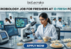 iD Fresh Food Hiring Quality Executive for Microbiology Job Freshers Eligible. A professional and high-quality featured image advertisement for a "Microbiology Job for Freshers at iD Fresh Food." The scene depicts a female scientist in a white lab coat and safety goggles working in a modern, high-tech Food Safety & Quality Lab. She is carefully testing food samples, such as idli/dosa batter and parottas, using a pipette and lab equipment. A computer monitor in the background shows detailed microbial cell structures. The Biotecnika logo is at the top center, the job title is displayed in bold black text, and a prominent blue "APPLY NOW" button is located at the bottom.