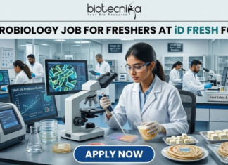 Freshers Hiring! Quality Executive Job at iD Fresh Food | Microbiology & Food Tech Eligible iD Fresh Food Hiring Quality Executive for Microbiology Job Freshers Eligible. A professional and high-quality featured image advertisement for a "Microbiology Job for Freshers at iD Fresh Food." The scene depicts a female scientist in a white lab coat and safety goggles working in a modern, high-tech Food Safety & Quality Lab. She is carefully testing food samples, such as idli/dosa batter and parottas, using a pipette and lab equipment. A computer monitor in the background shows detailed microbial cell structures. The Biotecnika logo is at the top center, the job title is displayed in bold black text, and a prominent blue "APPLY NOW" button is located at the bottom.