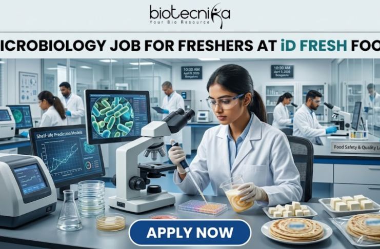 Freshers Hiring! Quality Executive Job at iD Fresh Food | Microbiology & Food Tech Eligible iD Fresh Food Hiring Quality Executive for Microbiology Job Freshers Eligible. A professional and high-quality featured image advertisement for a "Microbiology Job for Freshers at iD Fresh Food." The scene depicts a female scientist in a white lab coat and safety goggles working in a modern, high-tech Food Safety & Quality Lab. She is carefully testing food samples, such as idli/dosa batter and parottas, using a pipette and lab equipment. A computer monitor in the background shows detailed microbial cell structures. The Biotecnika logo is at the top center, the job title is displayed in bold black text, and a prominent blue "APPLY NOW" button is located at the bottom.