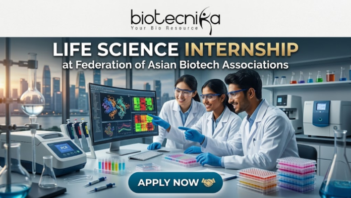 life science internship at Federation of Asian Biotech Associations (FABA) life science internship at Federation of Asian Biotech Associations (FABA). A high-resolution, professional featured image for a "Life Science Internship at Federation of Asian Biotech Associations." The scene features three young, enthusiastic interns (two women and one man) in white lab coats and safety goggles, collaborating in a cutting-edge laboratory. They are pointing at a computer monitor displaying vibrant 3D protein structures and heatmaps. The background shows a modern city skyline at dusk through large windows, alongside advanced lab equipment like PCR machines. The Biotecnika logo is placed at the top center, the main title is in bold gold and white text, and a sleek "APPLY NOW" button with a handshake icon is at the bottom.