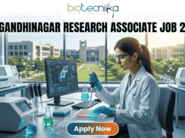 A professional promotional image for a Research Associate job at IIT Gandhinagar in 2026. At the top, the Biotecnika Global logo is centered. Large, bold text reads "IIT GANDHINAGAR RESEARCH ASSOCIATE JOB 2026". In the center, a female scientist wearing a white lab coat and safety glasses is focused on her work, using a micropipette to dispense liquid into a multi-well plate. She sits in a modern, well-equipped laboratory with advanced research equipment and computer monitors displaying molecular data. Large windows in the background reveal a bright, green university campus. At the bottom, a prominent "Apply Now" button with an orange-to-green gradient is displayed.