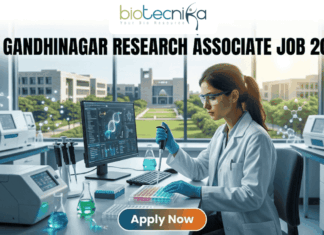 IIT Gandhinagar Research Associate Job 2026 | Get Upto ₹54,000 Salary | Apply Before Deadline! A professional promotional image for a Research Associate job at IIT Gandhinagar in 2026. At the top, the Biotecnika Global logo is centered. Large, bold text reads "IIT GANDHINAGAR RESEARCH ASSOCIATE JOB 2026". In the center, a female scientist wearing a white lab coat and safety glasses is focused on her work, using a micropipette to dispense liquid into a multi-well plate. She sits in a modern, well-equipped laboratory with advanced research equipment and computer monitors displaying molecular data. Large windows in the background reveal a bright, green university campus. At the bottom, a prominent "Apply Now" button with an orange-to-green gradient is displayed.