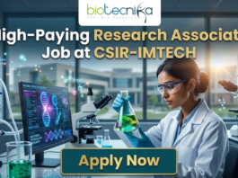 High-Paying Research Associate Job at CSIR-IMTECH – PhD Candidates Apply Now! Research Associate Job at CSIR-IMTECH | Apply Now. A high-quality promotional image for a "High-Paying Research Associate Job at CSIR-IMTECH" featuring the Biotecnika Global logo at the top center. The scene depicts a female scientist in a professional lab coat and safety goggles, carefully holding a flask filled with a glowing, bioluminescent green liquid. In the background, a modern laboratory is visible with a computer monitor displaying advanced microbial technology research, DNA structures, and molecular data. The lighting is a sleek, futuristic blue, and a prominent "Apply Now" button is positioned at the bottom center.
