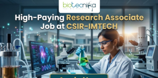 High-Paying Research Associate Job at CSIR-IMTECH – PhD Candidates Apply Now! Research Associate Job at CSIR-IMTECH | Apply Now. A high-quality promotional image for a "High-Paying Research Associate Job at CSIR-IMTECH" featuring the Biotecnika Global logo at the top center. The scene depicts a female scientist in a professional lab coat and safety goggles, carefully holding a flask filled with a glowing, bioluminescent green liquid. In the background, a modern laboratory is visible with a computer monitor displaying advanced microbial technology research, DNA structures, and molecular data. The lighting is a sleek, futuristic blue, and a prominent "Apply Now" button is positioned at the bottom center.