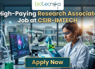 High-Paying Research Associate Job at CSIR-IMTECH – PhD Candidates Apply Now! Research Associate Job at CSIR-IMTECH | Apply Now. A high-quality promotional image for a "High-Paying Research Associate Job at CSIR-IMTECH" featuring the Biotecnika Global logo at the top center. The scene depicts a female scientist in a professional lab coat and safety goggles, carefully holding a flask filled with a glowing, bioluminescent green liquid. In the background, a modern laboratory is visible with a computer monitor displaying advanced microbial technology research, DNA structures, and molecular data. The lighting is a sleek, futuristic blue, and a prominent "Apply Now" button is positioned at the bottom center.