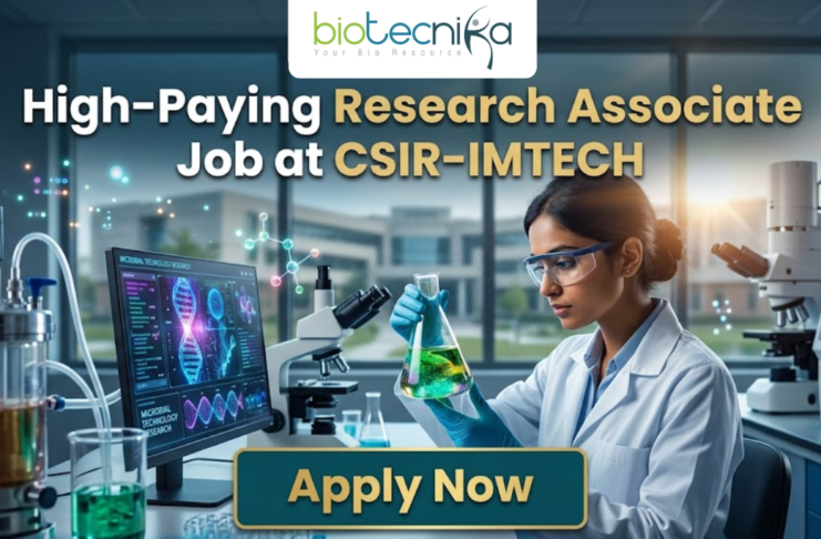 High-Paying Research Associate Job at CSIR-IMTECH – PhD Candidates Apply Now! Research Associate Job at CSIR-IMTECH | Apply Now. A high-quality promotional image for a "High-Paying Research Associate Job at CSIR-IMTECH" featuring the Biotecnika Global logo at the top center. The scene depicts a female scientist in a professional lab coat and safety goggles, carefully holding a flask filled with a glowing, bioluminescent green liquid. In the background, a modern laboratory is visible with a computer monitor displaying advanced microbial technology research, DNA structures, and molecular data. The lighting is a sleek, futuristic blue, and a prominent "Apply Now" button is positioned at the bottom center.