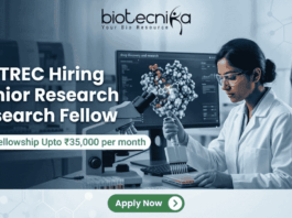ACTREC Hiring Junior Research Fellow | Opportunity in Cancer Research ACTREC Hiring Junior Research Fellow Opportunity in Cancer Research. An advertisement for a Junior Research Fellow position at ACTREC, showing the Biotecnika logo at the top center. Text states: 'ACTREC Hiring Junior Research Fellow' and 'Get Fellowship Upto ₹35,000 per month'. A photograph on the right shows a female scientist in a lab coat, safety glasses, and blue gloves operating a multichannel pipette. Behind her, a monitor displays molecular drug discovery data. Various advanced lab instruments are in the background. At the bottom, a green 'Apply Now' button.