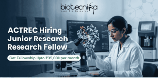 ACTREC Hiring Junior Research Fellow Opportunity in Cancer Research. An advertisement for a Junior Research Fellow position at ACTREC, showing the Biotecnika logo at the top center. Text states: 'ACTREC Hiring Junior Research Fellow' and 'Get Fellowship Upto ₹35,000 per month'. A photograph on the right shows a female scientist in a lab coat, safety glasses, and blue gloves operating a multichannel pipette. Behind her, a monitor displays molecular drug discovery data. Various advanced lab instruments are in the background. At the bottom, a green 'Apply Now' button.