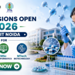 Admissions Open 2026 at JIIT Noida for MSc Microbiology, Bioinformatics & MTech Biotechnology Admissions Open 2026 at JIIT Noida for MSc Microbiology, Bioinformatics & MTech Biotechnology. Featured banner for “Admissions Open 2026 at JIIT Noida” featuring the Biotecnika and JIIT logos at the top, a scientist performing drug research in a modern laboratory, molecular and pharmaceutical-themed graphics, a university campus backdrop, program highlights for MSc Microbiology, MSc Bioinformatics, and MTech Biotechnology, and a bold “Apply Now” button at the bottom.