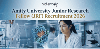Amity University Junior Research Fellow (JRF) Recruitment 2026 | Apply Now Amity University Junior Research Fellow (JRF) Recruitment 2026 Apply Now. A featured image for a job posting titled "Amity University Junior Research Fellow (JRF) Recruitment 2026." At the top center is the Biotecnika logo. Below it, the main heading reads "Amity University Junior Research Fellow (JRF) Recruitment 2026" in a bold, professional font. The background features a high-tech, modern laboratory where a female researcher in a white lab coat and safety goggles is intensely focused on a glowing, 3D holographic molecular model representing drug research. The lab is clean and corporate, with various scientific equipment visible in soft focus. At the bottom center, there is a prominent green "Apply Now" button with a white arrow icon. The overall color palette is a professional mix of blue, white, and teal, designed to be eye-catching and authoritative.