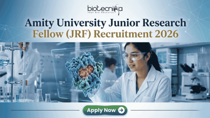 Amity University Junior Research Fellow (JRF) Recruitment 2026 Apply Now Amity University Junior Research Fellow (JRF) Recruitment 2026 Apply Now. A featured image for a job posting titled "Amity University Junior Research Fellow (JRF) Recruitment 2026." At the top center is the Biotecnika logo. Below it, the main heading reads "Amity University Junior Research Fellow (JRF) Recruitment 2026" in a bold, professional font. The background features a high-tech, modern laboratory where a female researcher in a white lab coat and safety goggles is intensely focused on a glowing, 3D holographic molecular model representing drug research. The lab is clean and corporate, with various scientific equipment visible in soft focus. At the bottom center, there is a prominent green "Apply Now" button with a white arrow icon. The overall color palette is a professional mix of blue, white, and teal, designed to be eye-catching and authoritative.