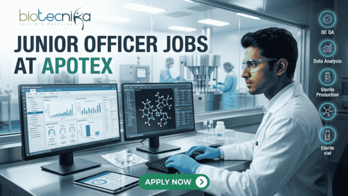 Apotex Hiring Junior Officers in Bangalore Apply Now! Apotex Hiring Junior Officers in Bangalore Apply Now! A professional recruitment banner for "JUNIOR OFFICER JOBS AT APOTEX" featuring the Biotecnika logo at the top left. The image depicts a young male pharmaceutical professional in a white lab coat and blue gloves, meticulously monitoring data on dual computer screens. One screen displays analytical charts and graphs, while the other shows a 3D molecular structure. In the background, a sterile pharmaceutical production line with stainless steel machinery is visible through a large glass partition. On the right side, vertical teal icons highlight key roles: "QC QA," "Data Analysis," "Sterile Production," "Sterile vial," and "Ladder chart." A prominent green "APPLY NOW" button with a white arrow is centered at the bottom.