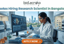 Apotex Hiring Research Scientist in Bangalore | Apply Now! Apotex Hiring Research Scientist in Bangalore Apply Now. A job advertisement banner for Apotex hiring a Research Scientist in Bangalore, featuring the biotecnika logo. The image shows a female scientist in a lab coat focused on molecular structures on a monitor, with an "APPLY NOW" button and "Direct R&D Opportunity" text.