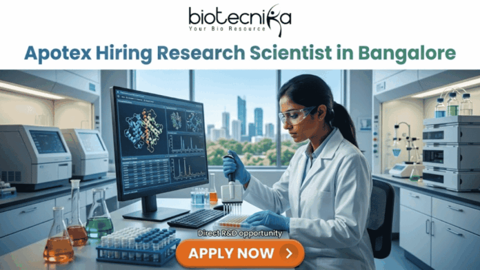 Apotex Hiring Research Scientist in Bangalore Apply Now Apotex Hiring Research Scientist in Bangalore Apply Now. A job advertisement banner for Apotex hiring a Research Scientist in Bangalore, featuring the biotecnika logo. The image shows a female scientist in a lab coat focused on molecular structures on a monitor, with an "APPLY NOW" button and "Direct R&D Opportunity" text.