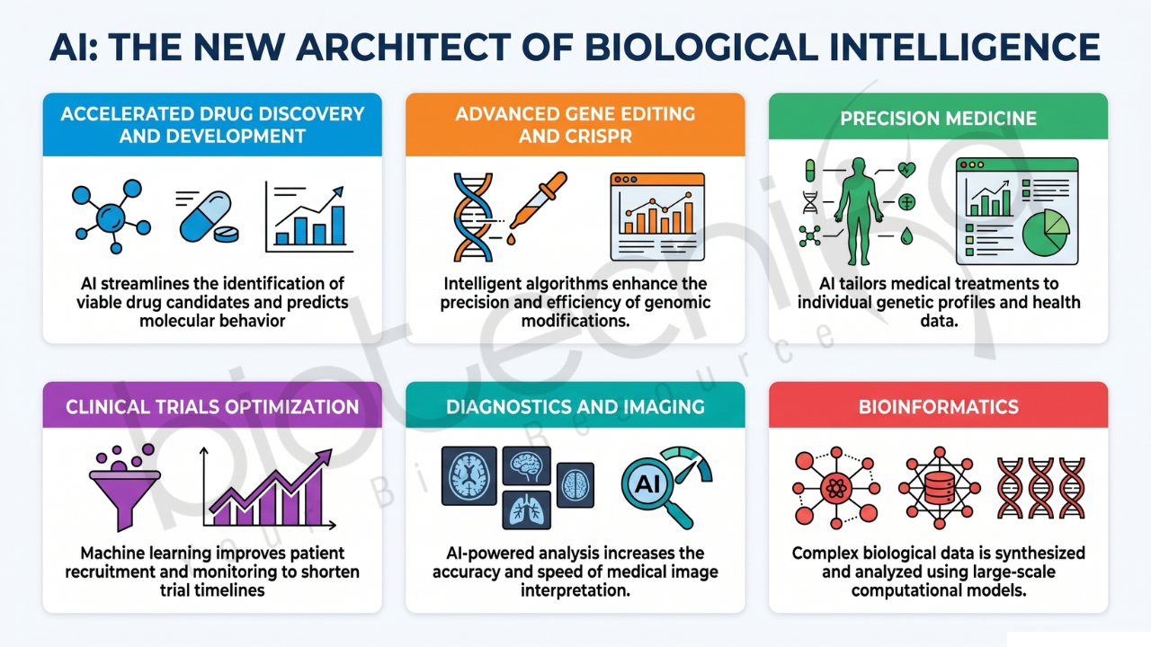 AI in Biotechnology Applications, Careers, & Future Trends You Must Know. The provided image outlines the diverse ways artificial intelligence is currently transforming the field of biotechnology. It highlights how computational tools accelerate drug discovery and facilitate the advancement of precision medicine tailored to individual patients. Furthermore, the source emphasizes the role of technology in refining clinical trials and improving the accuracy of medical diagnostics. These digital innovations also extend to complex procedures like gene editing and the management of large-scale bioinformatics data. Ultimately, the material illustrates a future where biological intelligence is enhanced by sophisticated algorithmic integration.