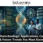 AI in Biotechnology: Applications, Careers, & Future Trends You Must Know AI in Biotechnology Applications, Careers, & Future Trends You Must Know. A high-tech, futuristic featured image for an article titled "AI in Biotechnology: Applications, Careers, & Future Trends You Must Know." The image features two scientists in a glowing blue laboratory interacting with a large, holographic double-helix DNA strand integrated with neural network nodes. Surrounding them are floating digital displays showcasing Biotech Applications (like CRISPR and Drug Discovery), Career Paths (such as AI-driven Genomicist), and Future Trends (like Lab-on-a-chip). The Biotecnika logo is positioned at the top center, and the article title is displayed in bold white text at the bottom.