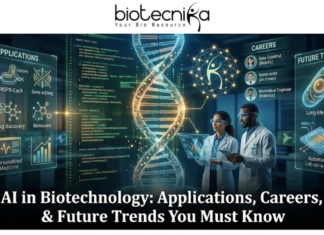 AI in Biotechnology: Applications, Careers, & Future Trends You Must Know AI in Biotechnology Applications, Careers, & Future Trends You Must Know. A high-tech, futuristic featured image for an article titled "AI in Biotechnology: Applications, Careers, & Future Trends You Must Know." The image features two scientists in a glowing blue laboratory interacting with a large, holographic double-helix DNA strand integrated with neural network nodes. Surrounding them are floating digital displays showcasing Biotech Applications (like CRISPR and Drug Discovery), Career Paths (such as AI-driven Genomicist), and Future Trends (like Lab-on-a-chip). The Biotecnika logo is positioned at the top center, and the article title is displayed in bold white text at the bottom.