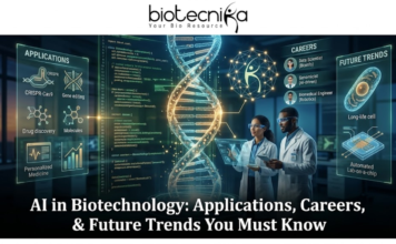 AI in Biotechnology: Applications, Careers, & Future Trends You Must Know AI in Biotechnology Applications, Careers, & Future Trends You Must Know. A high-tech, futuristic featured image for an article titled "AI in Biotechnology: Applications, Careers, & Future Trends You Must Know." The image features two scientists in a glowing blue laboratory interacting with a large, holographic double-helix DNA strand integrated with neural network nodes. Surrounding them are floating digital displays showcasing Biotech Applications (like CRISPR and Drug Discovery), Career Paths (such as AI-driven Genomicist), and Future Trends (like Lab-on-a-chip). The Biotecnika logo is positioned at the top center, and the article title is displayed in bold white text at the bottom.