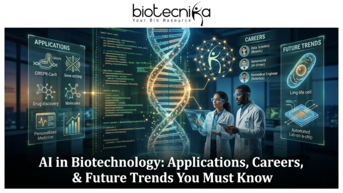 AI in Biotechnology Applications, Careers, & Future Trends You Must Know AI in Biotechnology Applications, Careers, & Future Trends You Must Know. A high-tech, futuristic featured image for an article titled "AI in Biotechnology: Applications, Careers, & Future Trends You Must Know." The image features two scientists in a glowing blue laboratory interacting with a large, holographic double-helix DNA strand integrated with neural network nodes. Surrounding them are floating digital displays showcasing Biotech Applications (like CRISPR and Drug Discovery), Career Paths (such as AI-driven Genomicist), and Future Trends (like Lab-on-a-chip). The Biotecnika logo is positioned at the top center, and the article title is displayed in bold white text at the bottom.