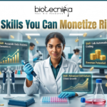 Biotech Skills You Can Monetize Right Now. A professional featured image for a Biotecnika article titled "Biotech Skills You Can Monetize Right Now." The image depicts a smiling female scientist in a high-tech laboratory setting, surrounded by holographic displays highlighting profitable skills such as Genomics Data Analysis, Lab Automation & Coding, and Advanced Cell Culture. The Biotecnika logo is prominently displayed at the top center, and floating gold coins throughout the scene symbolize revenue potential and career growth.