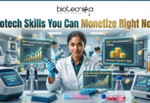 Biotech Skills You Can Monetize Right Now Biotech Skills You Can Monetize Right Now. A professional featured image for a Biotecnika article titled "Biotech Skills You Can Monetize Right Now." The image depicts a smiling female scientist in a high-tech laboratory setting, surrounded by holographic displays highlighting profitable skills such as Genomics Data Analysis, Lab Automation & Coding, and Advanced Cell Culture. The Biotecnika logo is prominently displayed at the top center, and floating gold coins throughout the scene symbolize revenue potential and career growth.