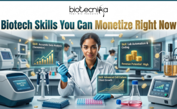 Biotech Skills You Can Monetize Right Now. A professional featured image for a Biotecnika article titled "Biotech Skills You Can Monetize Right Now." The image depicts a smiling female scientist in a high-tech laboratory setting, surrounded by holographic displays highlighting profitable skills such as Genomics Data Analysis, Lab Automation & Coding, and Advanced Cell Culture. The Biotecnika logo is prominently displayed at the top center, and floating gold coins throughout the scene symbolize revenue potential and career growth.