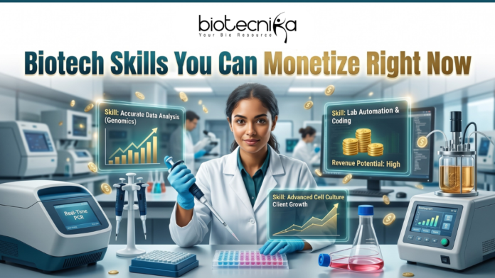 Biotech Skills You Can Monetize Right Now Biotech Skills You Can Monetize Right Now. A professional featured image for a Biotecnika article titled "Biotech Skills You Can Monetize Right Now." The image depicts a smiling female scientist in a high-tech laboratory setting, surrounded by holographic displays highlighting profitable skills such as Genomics Data Analysis, Lab Automation & Coding, and Advanced Cell Culture. The Biotecnika logo is prominently displayed at the top center, and floating gold coins throughout the scene symbolize revenue potential and career growth.