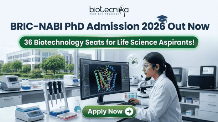 BRIC-NABI PhD Admission 2026 Out Now – 36 Biotechnology Seats for Life Science Aspirants! BRIC-NABI PhD Admission 2026 Out Now – 36 Biotechnology Seats for Life Science Aspirants!. A high-resolution corporate featured image for BRIC-NABI PhD Admission 2026. The top center features the Biotecnika logo above the bold text: "BRIC-NABI PhD Admission 2026 Out Now." Below this, a glowing green banner highlights "36 Biotechnology Seats for Life Science Aspirants!" The background shows a modern, bright laboratory setting where a female scientist is focused on a large curved monitor displaying a colorful 3D protein molecular structure. Lab equipment, including pipettes and a microscope, is visible on the clean white workstation. At the bottom center, there is a prominent green "Apply Now" button with a right-arrow icon.