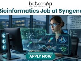 Bioinformatics Job at Syngene Apply For Principal Scientist Role Today! A promotional banner for biotecnika advertising a "Bioinformatics Job at Syngene." The biotecnika logo is at the top center. The main image shows a woman with smart glasses working intensely at a high-tech computational workstation. A holographic overlay features detailed biological data visualizations, including DNA double-helices, molecular models, and complex data graphs. In the background, a whiteboard has the text "Genome Assembly Pipeline," and an urban night scene is visible through the window. At the bottom, a prominent green "APPLY NOW" button is centered.