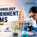 Biotechnology Government Exams List. Featured image for the article “Top Biotechnology Government Exams in India 2026” showing a young biotech scientist using a microscope in a modern laboratory, with DNA strands, research visuals, and Indian government architecture in the background. Bold professional typography highlights the topic with minimal text, creating an attractive and career-focused biotechnology exam banner.