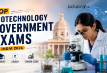 Top Biotechnology Govt Exams in India 2026: Eligibility, Salary & Career Scope Biotechnology Government Exams List. Featured image for the article “Top Biotechnology Government Exams in India 2026” showing a young biotech scientist using a microscope in a modern laboratory, with DNA strands, research visuals, and Indian government architecture in the background. Bold professional typography highlights the topic with minimal text, creating an attractive and career-focused biotechnology exam banner.
