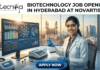 Biotechnology Job Opening in Hyderabad at Novartis | Apply Now Biotechnology Job Opening in Hyderabad at Novartis Apply Now. the Biotecnika logo at the top and the "APPLY NOW" button at the bottom. The image features a scientist working with advanced genomic data visualizations, with the iconic Charminar in the background to provide a local and relatable touch to Hyderabad, all while maintaining a modern and engaging look.