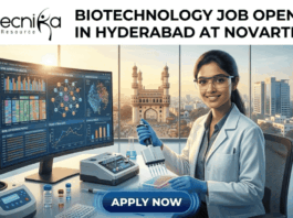 Biotechnology Job Opening in Hyderabad at Novartis | Apply Now Biotechnology Job Opening in Hyderabad at Novartis Apply Now. the Biotecnika logo at the top and the "APPLY NOW" button at the bottom. The image features a scientist working with advanced genomic data visualizations, with the iconic Charminar in the background to provide a local and relatable touch to Hyderabad, all while maintaining a modern and engaging look.