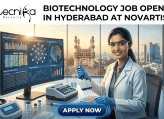 Biotechnology Job Opening in Hyderabad at Novartis Apply Now. the Biotecnika logo at the top and the "APPLY NOW" button at the bottom. The image features a scientist working with advanced genomic data visualizations, with the iconic Charminar in the background to provide a local and relatable touch to Hyderabad, all while maintaining a modern and engaging look.